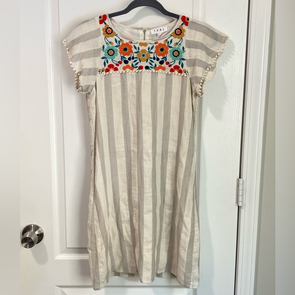 THML Anthropologie Floral Embroidered Striped Cotton Boho Dress - Picture 1 of 8
